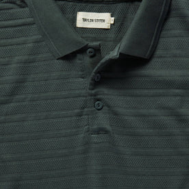 material shot of collar and placket of The Polo in Dark Slate Jacquard