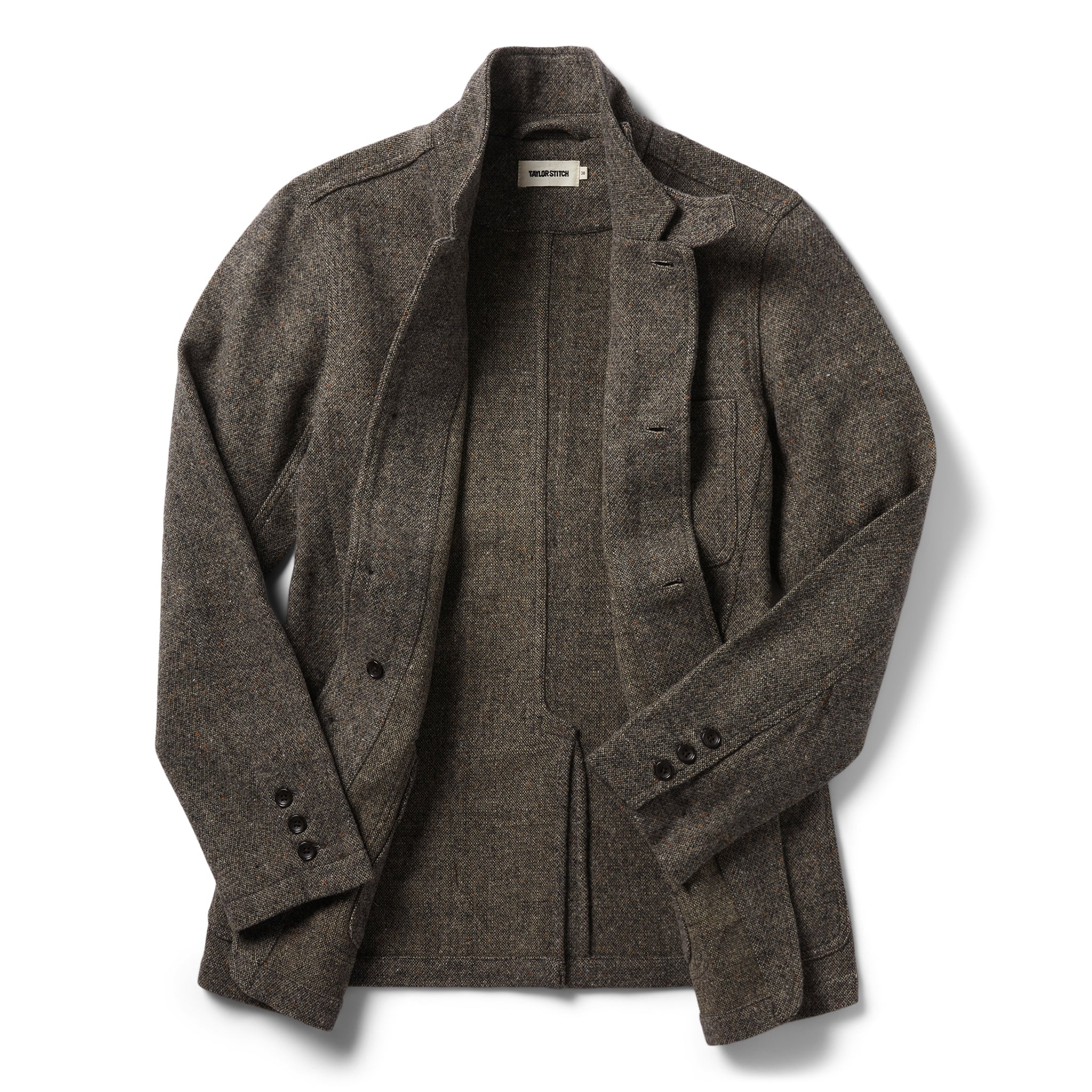 flatlay of The Gibson Jacket in Khaki Donegal Wool open, Outerwear by Taylor Stitch