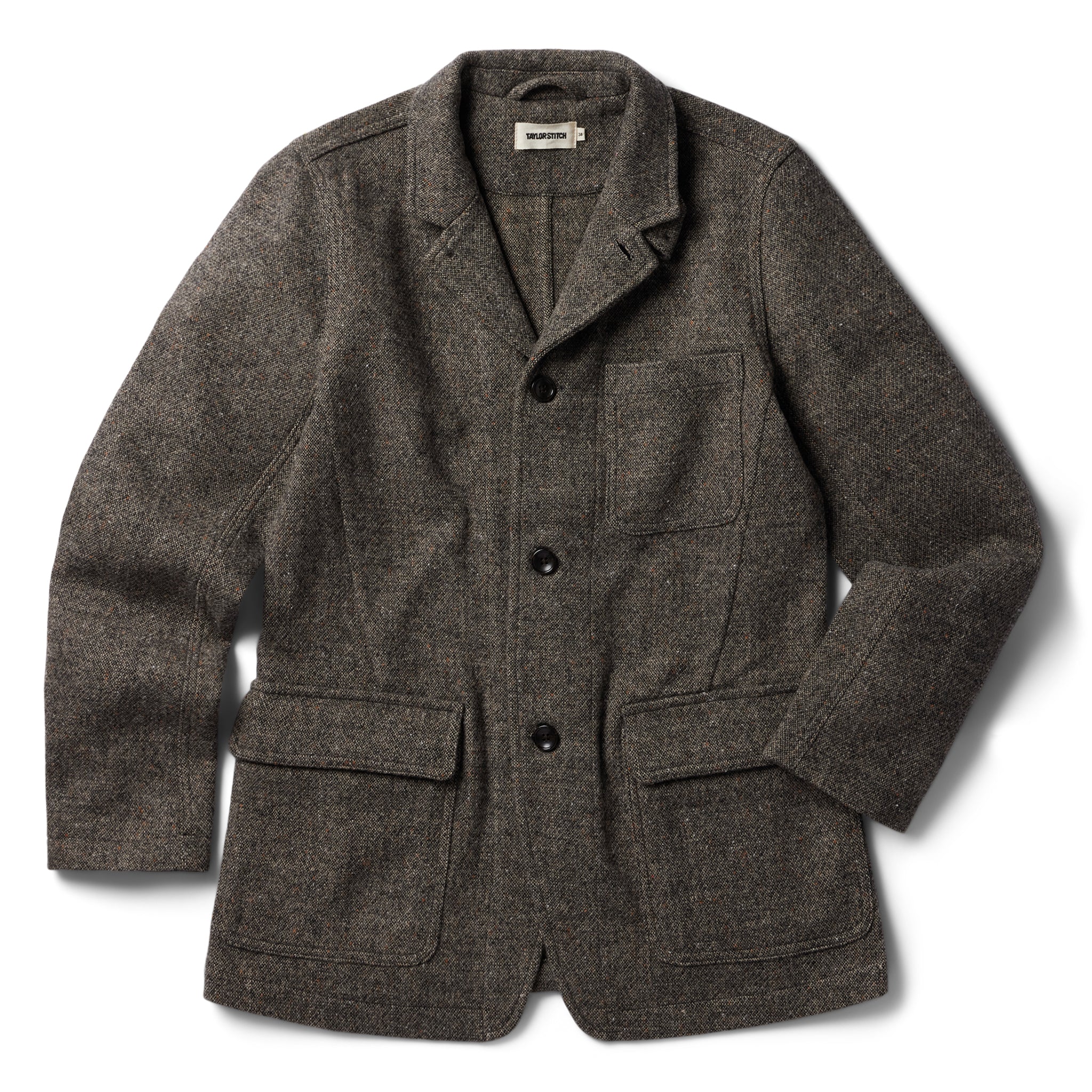 flatlay of The Gibson Jacket in Khaki Donegal Wool, Outerwear by Taylor Stitch