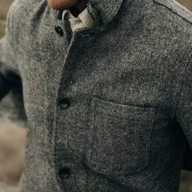 fit model showing off the buttons and pocket on The Gibson Jacket in Khaki Donegal Wool