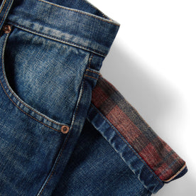 material shot of selvage cuff detailing on The Democratic Brushed Back Jean in Sawyer Wash Organic Selvage
