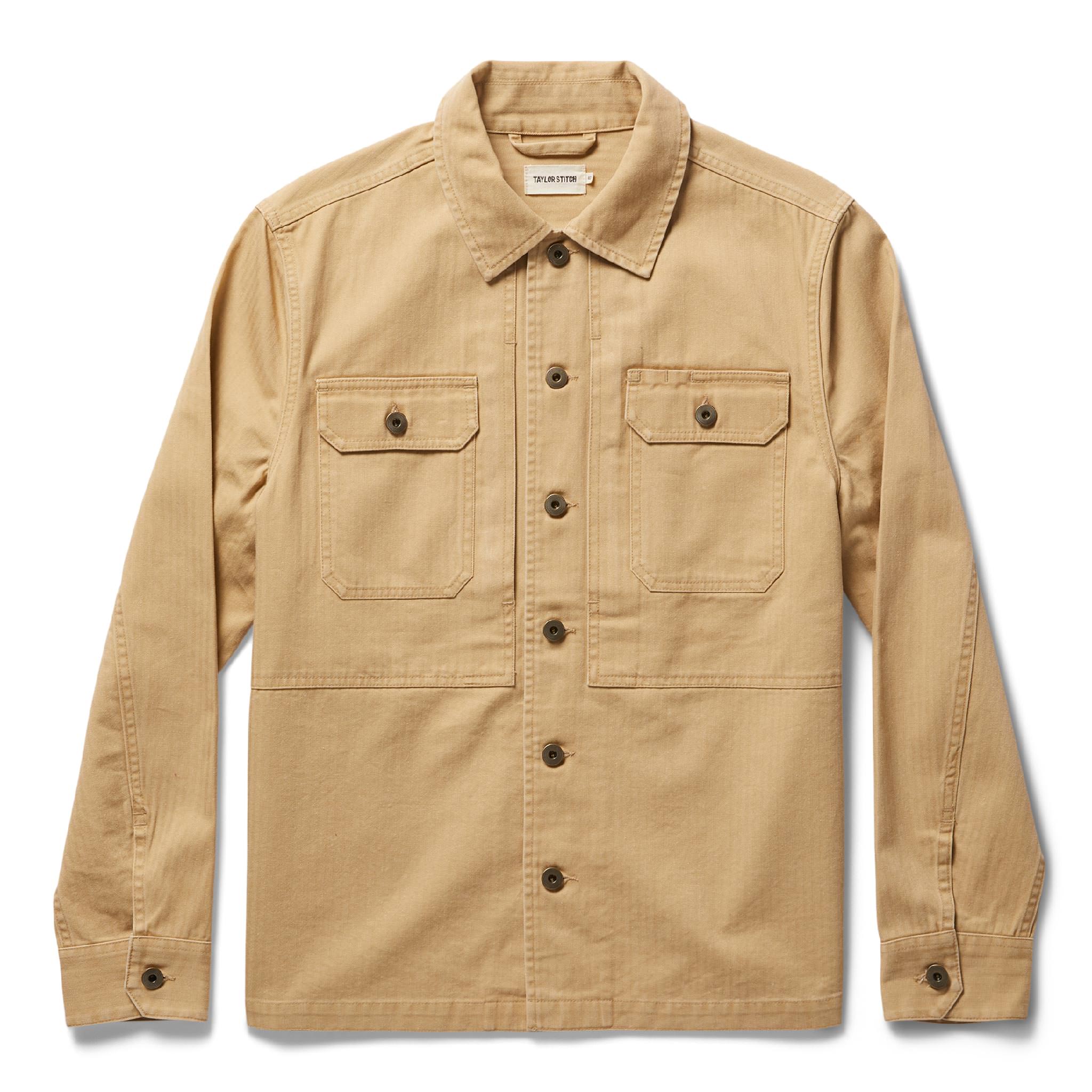 flatlay of The Reserve Shirt in Khaki Herringbone, Outerwear by Taylor Stitch