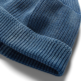 material shot of the rib hemmed of The Rib Beanie in Washed Indigo
