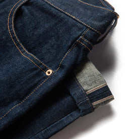 material shot of selvage leg hem of The Slim Jean in Rinsed Organic Selvage