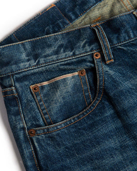 material shot of right pocket of The Slim Jean in Sawyer Wash Organic Selvage, Bottoms by Taylor Stitch