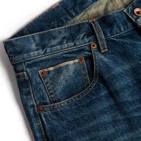 material shot of right pocket of The Slim Jean in Sawyer Wash Organic Selvage