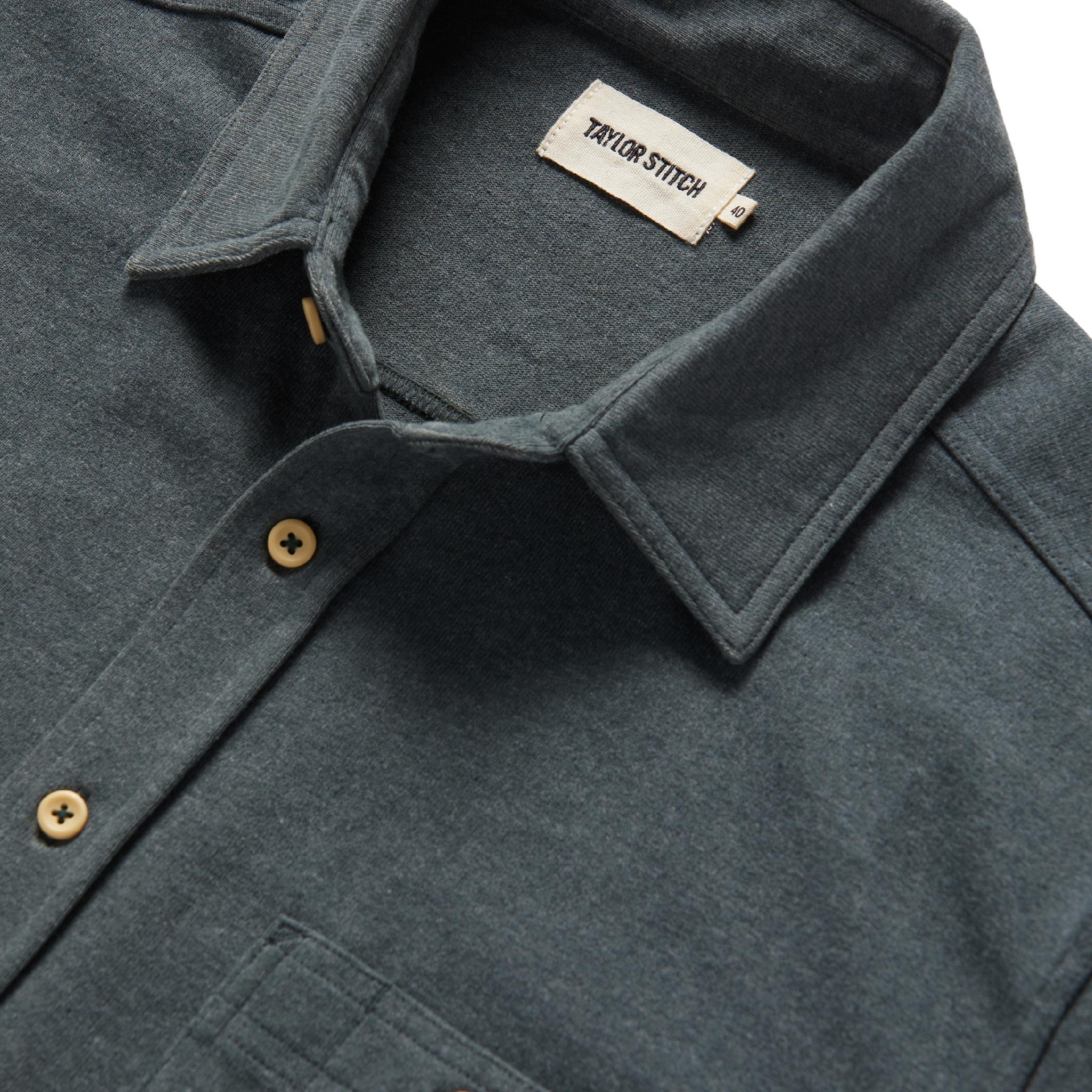 material shot of collar of The Utility Shirt in Dark Slate Heavy Bag, Wovens by Taylor Stitch