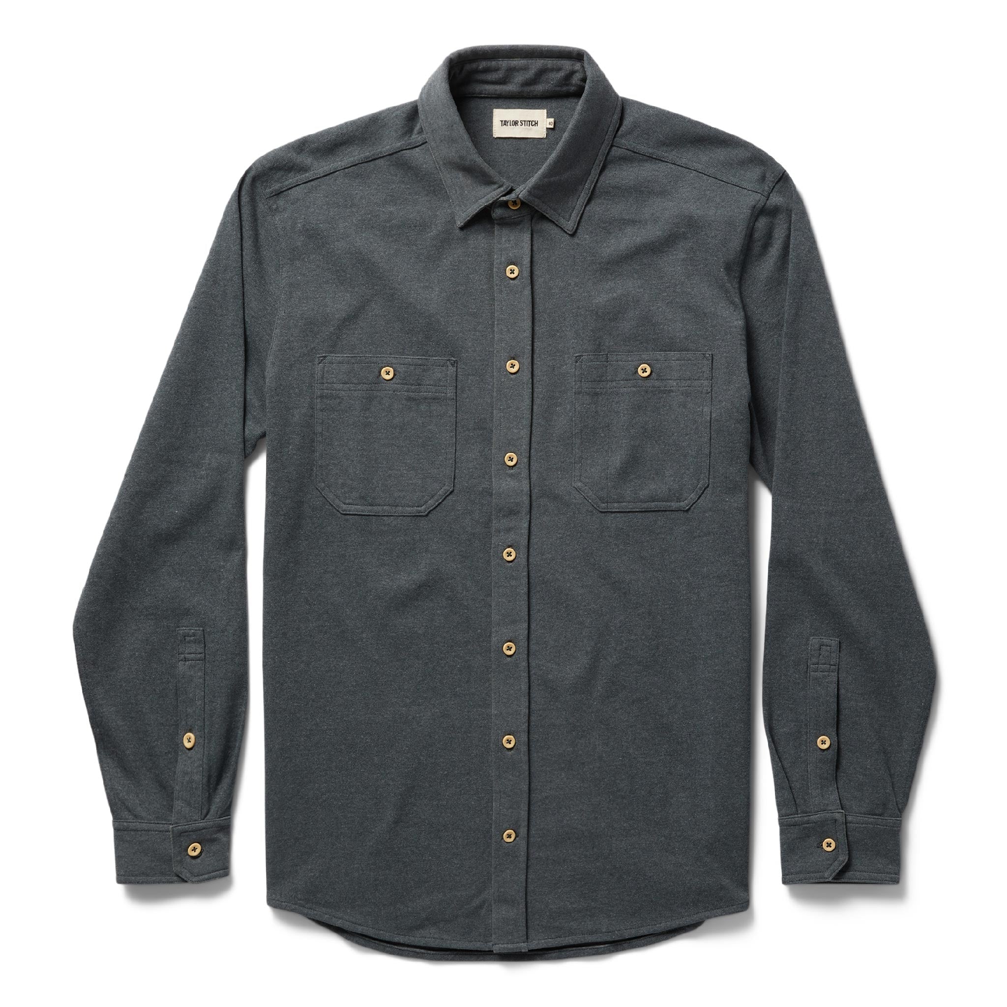 unfolded flatlay of The Utility Shirt in Dark Slate Heavy Bag, Wovens by Taylor Stitch