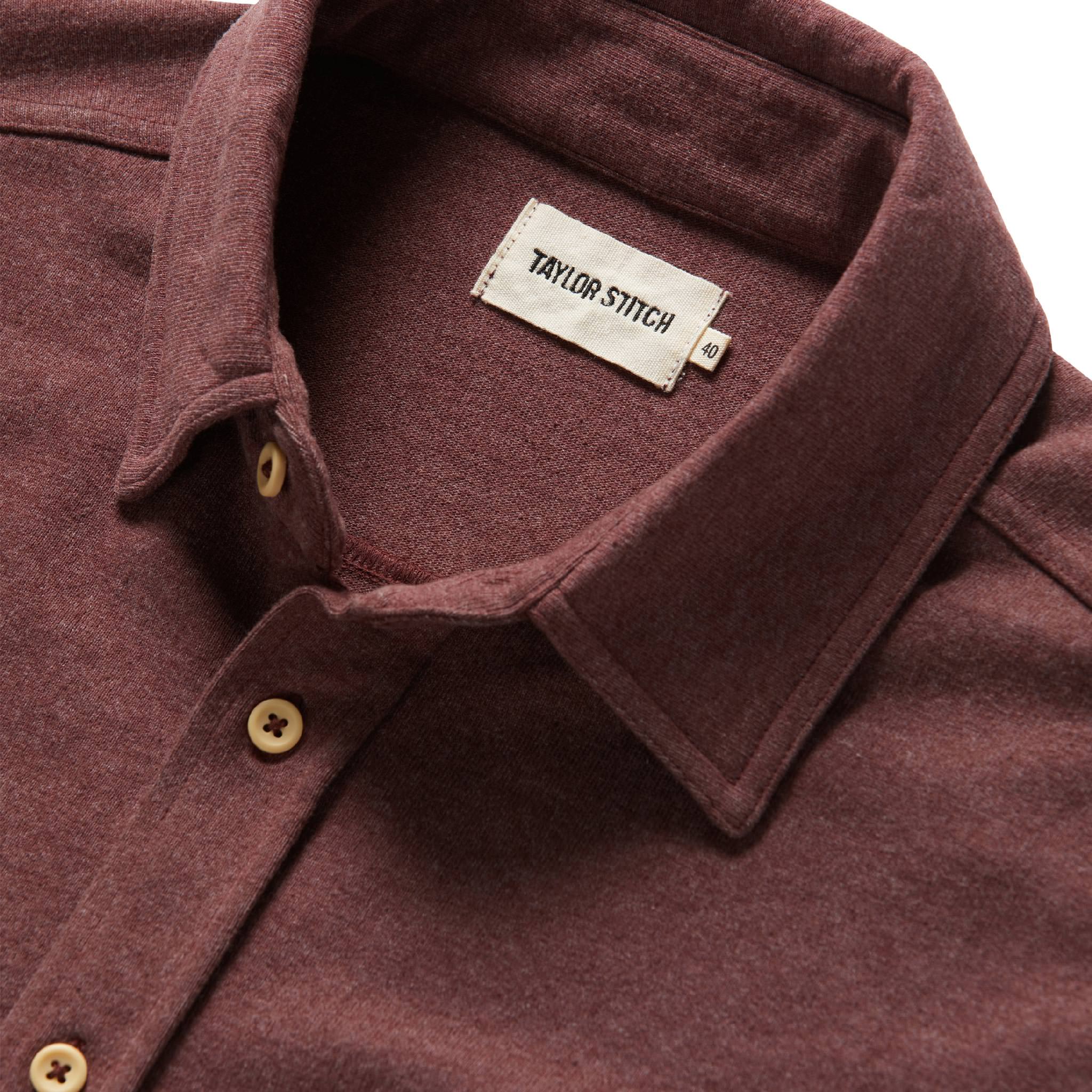material shot of collar of The Utility Shirt in Russet Heavy Bag, Wovens by Taylor Stitch