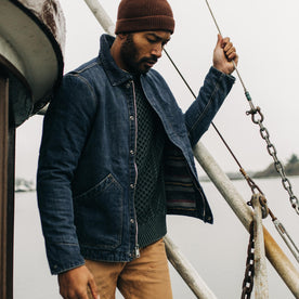 fit model wearing The Workhorse Jacket in Marlowe Wash Denim