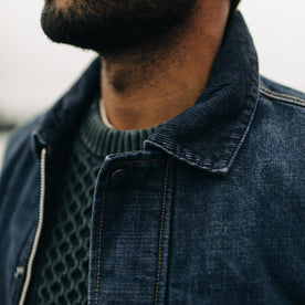 close up of the collar of our fit model wearing The Workhorse Jacket in Marlowe Wash Denim