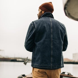 fit model showing the back of The Workhorse Jacket in Marlowe Wash Denim