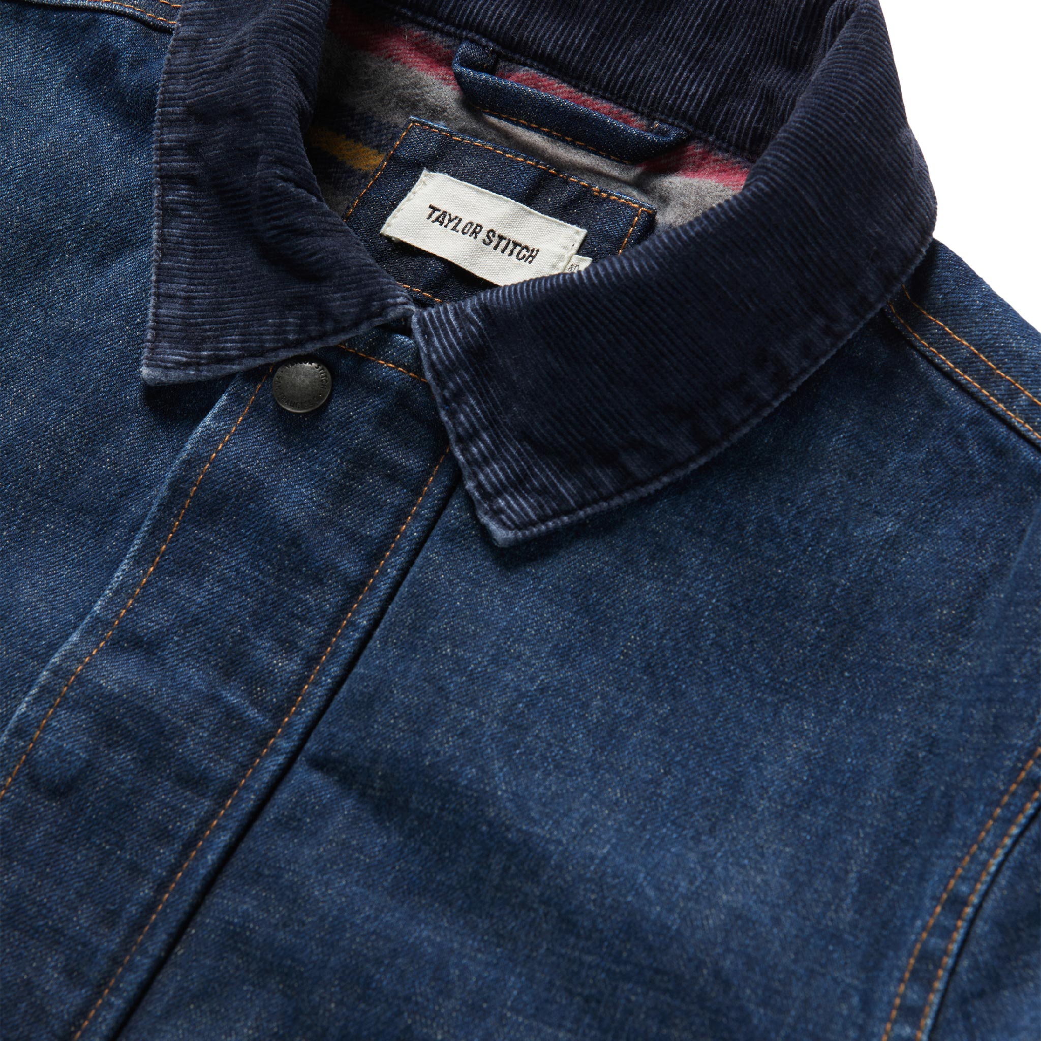 material shot of the collar of The Workhorse Jacket in Marlowe Wash Denim, Outerwear by Taylor Stitch