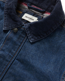 material shot of the collar of The Workhorse Jacket in Marlowe Wash Denim, Outerwear by Taylor Stitch