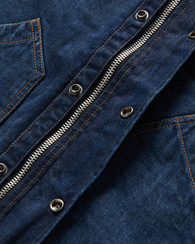 material shot of the covered zipper placket of The Workhorse Jacket in Marlowe Wash Denim, Outerwear by Taylor Stitch