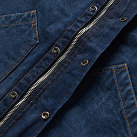 material shot of the covered zipper placket of The Workhorse Jacket in Marlowe Wash Denim