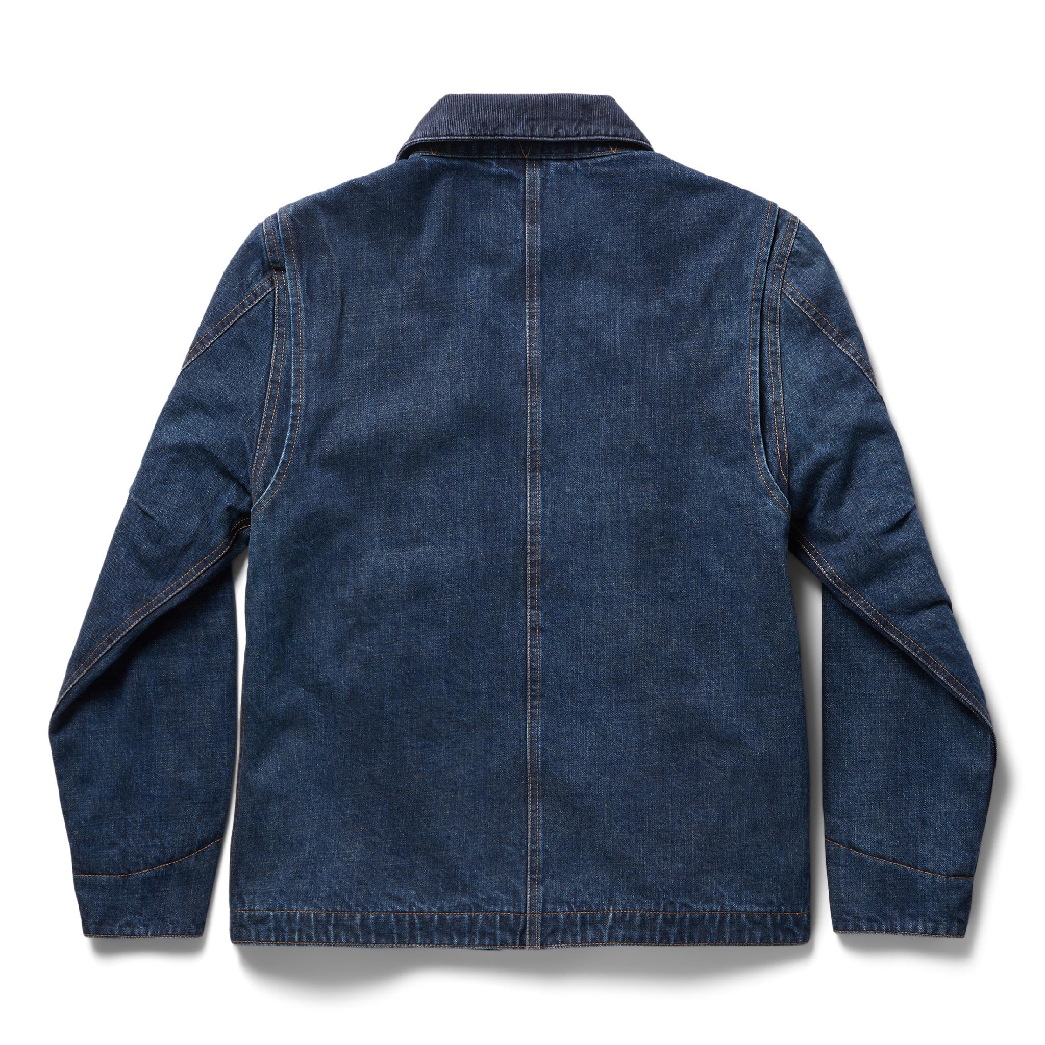 flatlay from the back of The Workhorse Jacket in Marlowe Wash Denim, Outerwear by Taylor Stitch