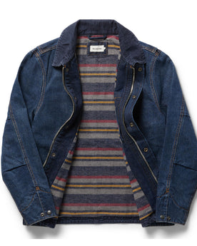 open flatlay from the front of The Workhorse Jacket in Marlowe Wash Denim, Outerwear by Taylor Stitch