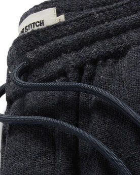 material shot of the drawstring of The Apres Pant in Charcoal Donegal, Bottoms by Taylor Stitch