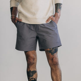 fit model wearing The Apres Short in Smoke Sixty Forty