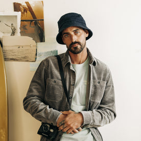 fit model wearing The Bucket Hat in Washed Navy Twill