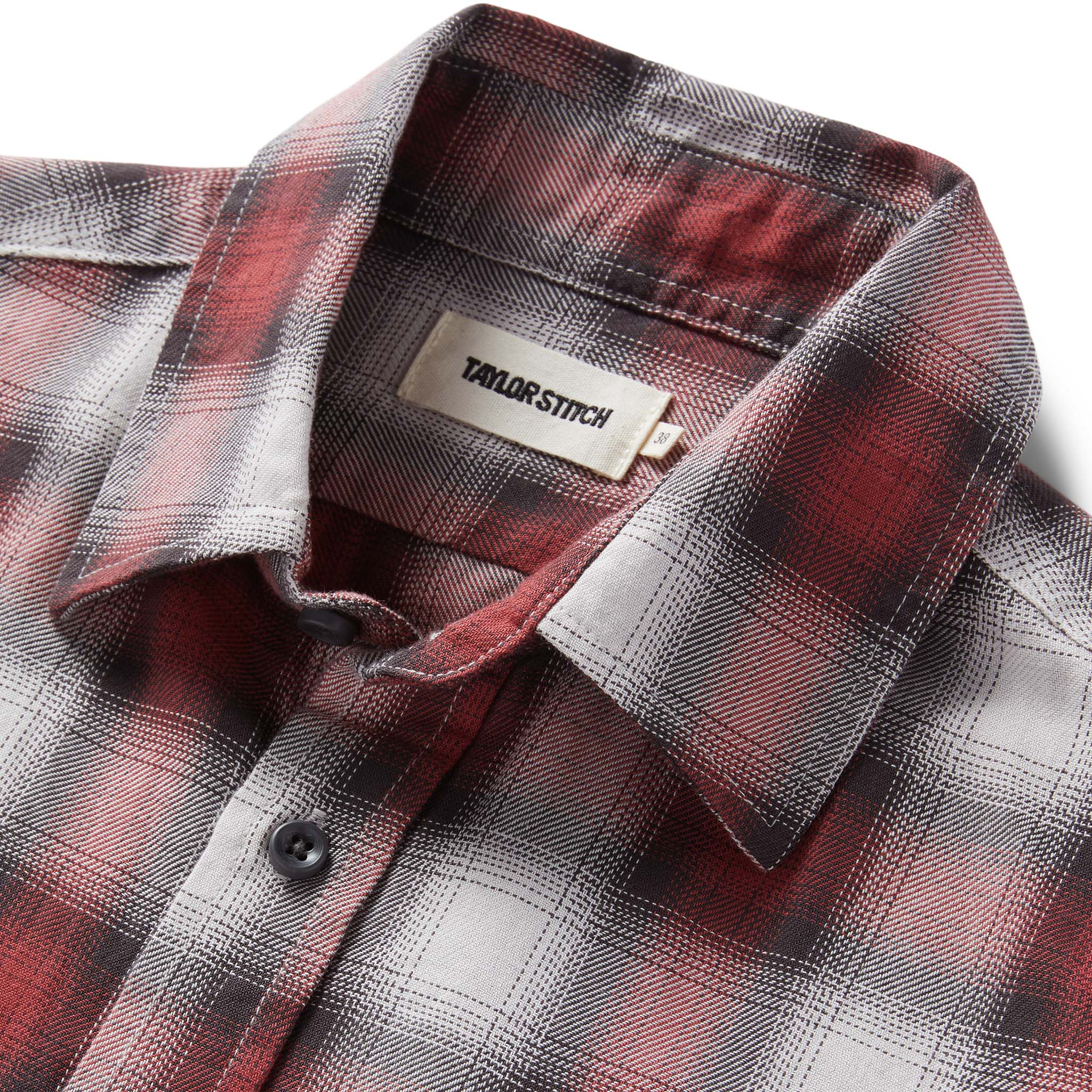 material shot of the collar on The California in Brick Plaid Ombre Twill, Wovens by Taylor Stitch