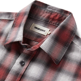 material shot of the collar on The California in Brick Plaid Ombre Twill