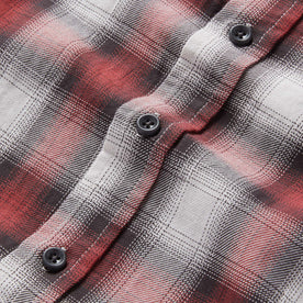 material shot of the buttons on The California in Brick Plaid Ombre Twill