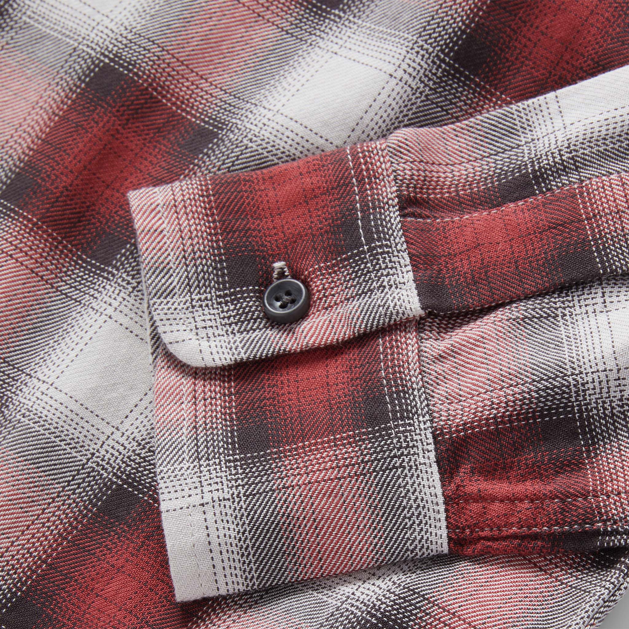 material shot of the sleeves on The California in Brick Plaid Ombre Twill, Wovens by Taylor Stitch