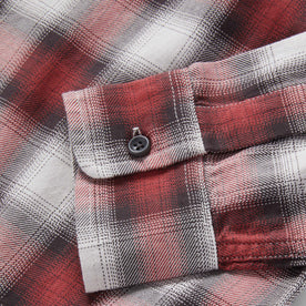 material shot of the sleeves on The California in Brick Plaid Ombre Twill