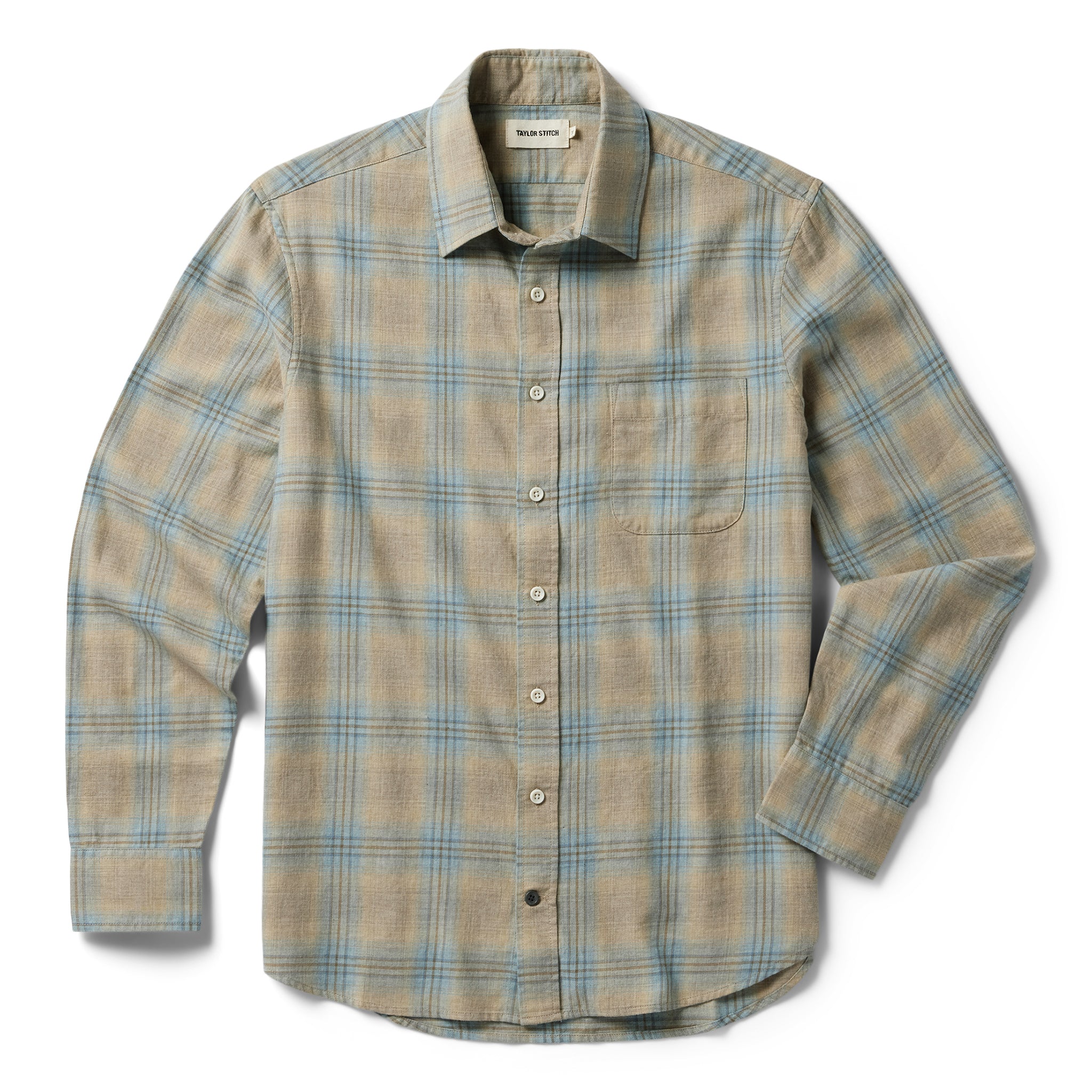 flatlay of The California Heathered Sky Plaid, shown in full, Wovens by Taylor Stitch