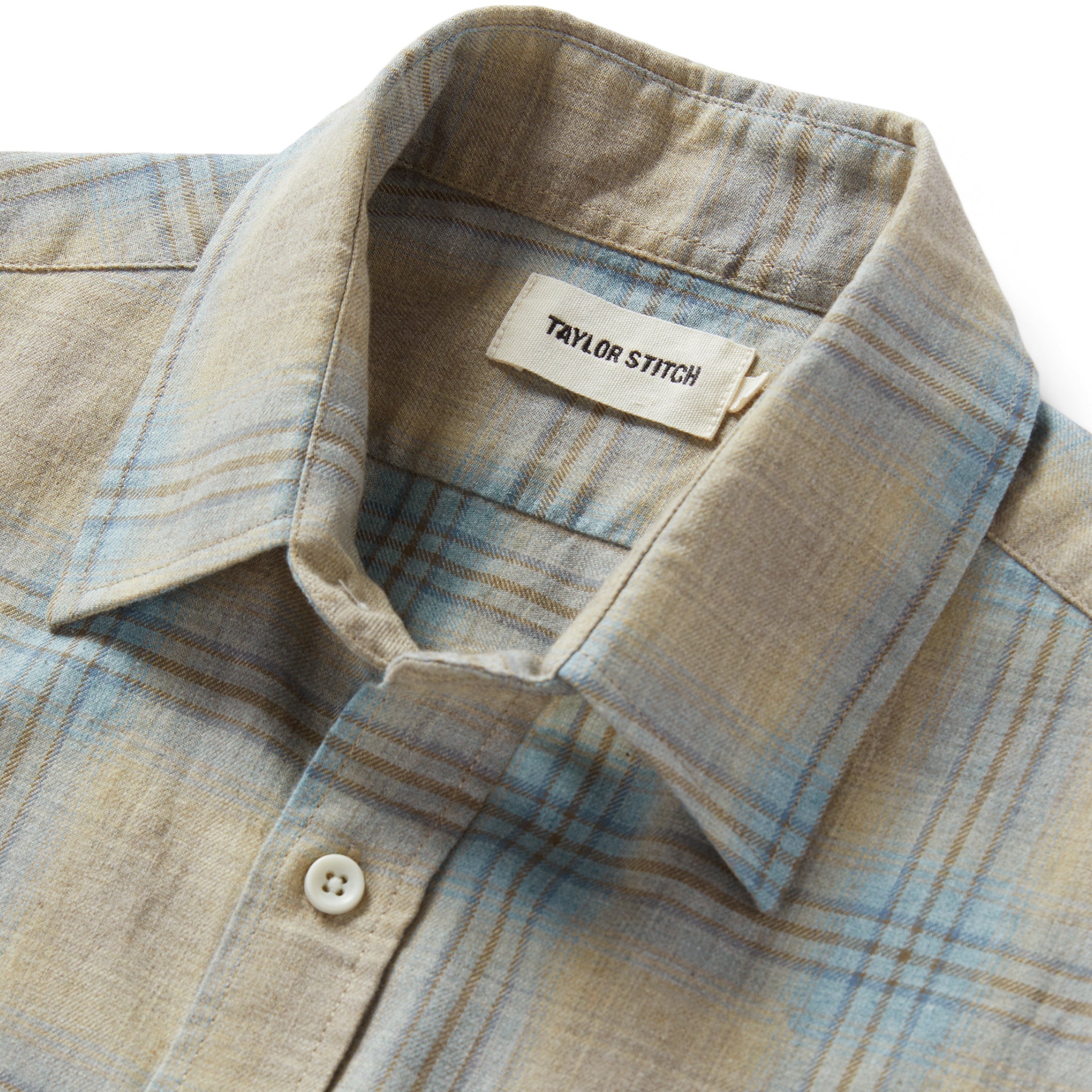 material shot of the collar on The California Heathered Sky Plaid, Wovens by Taylor Stitch