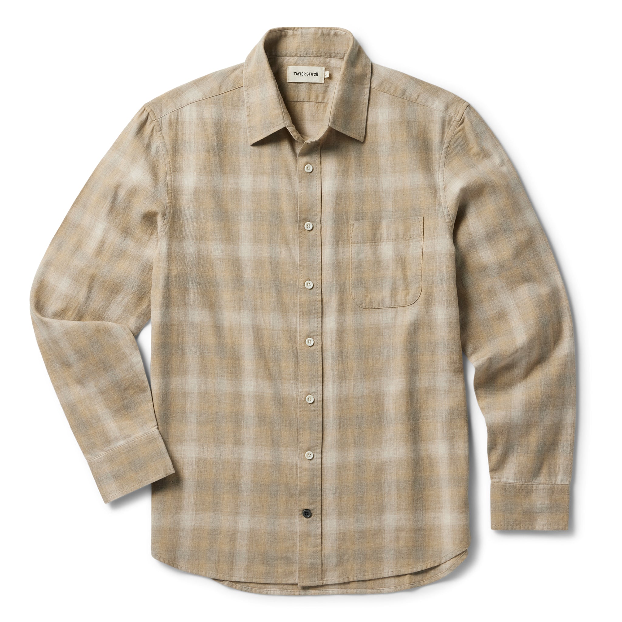 flatlay of The California Heathered Sunrise Plaid, shown in full, Wovens by Taylor Stitch