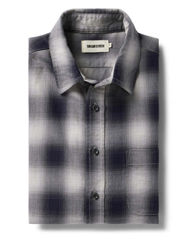 flatlay of The California in Storm Plaid Ombre Twill folded, Wovens by Taylor Stitch