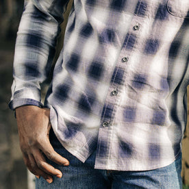 fit model with his hand in his pocket wearing The California in Storm Plaid Ombre Twill