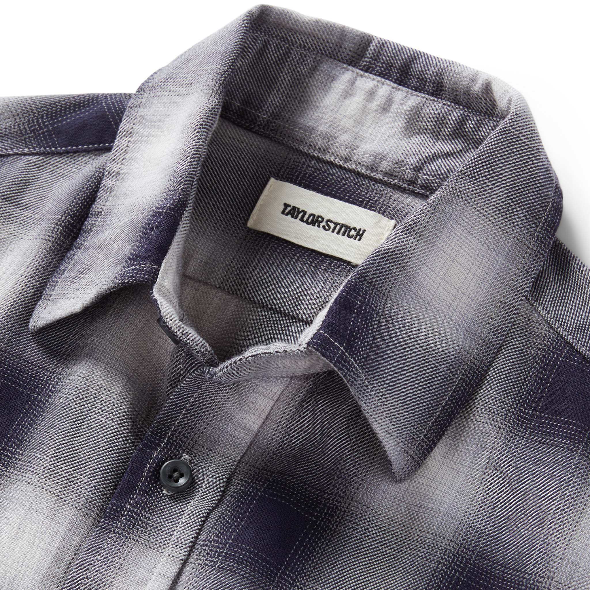 material shot of the collar on The California in Storm Plaid Ombre Twill, Wovens by Taylor Stitch