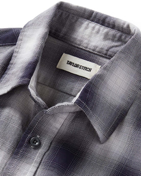 material shot of the collar on The California in Storm Plaid Ombre Twill, Wovens by Taylor Stitch