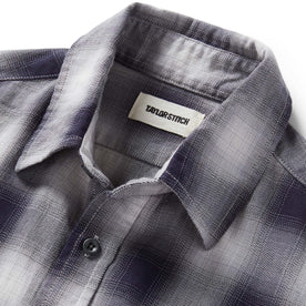 material shot of the collar on The California in Storm Plaid Ombre Twill