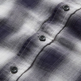 material shot of the buttons on The California in Storm Plaid Ombre Twill