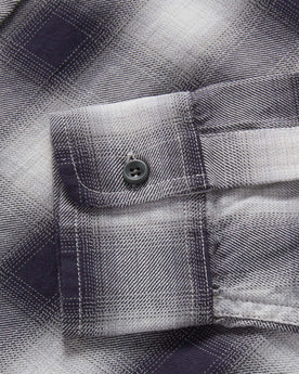 material shot of the cuff on The California in Storm Plaid Ombre Twill, Wovens by Taylor Stitch
