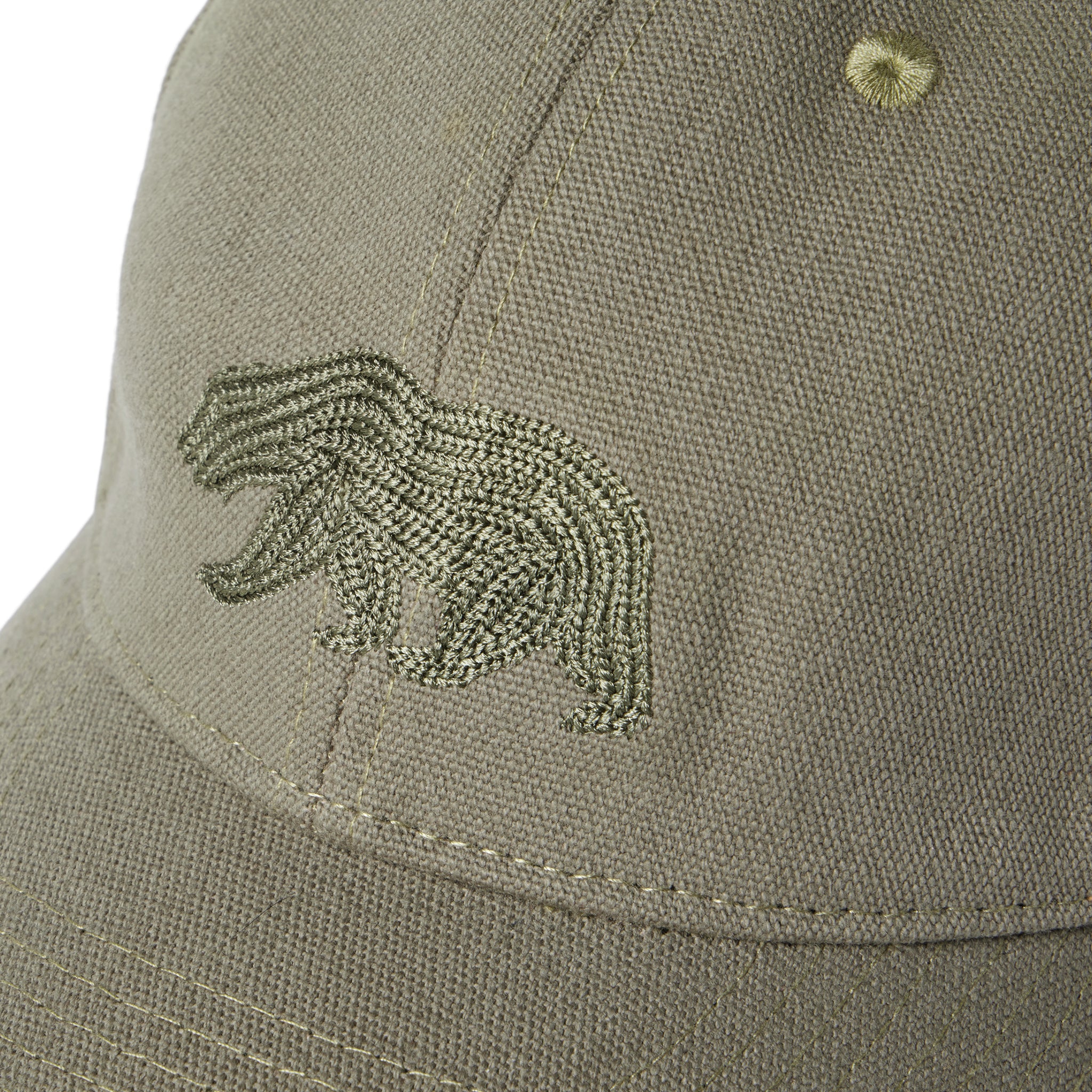 material shot of the logo on The Canvas Cap in Olive Embroidered Bear, Accessories by Taylor Stitch