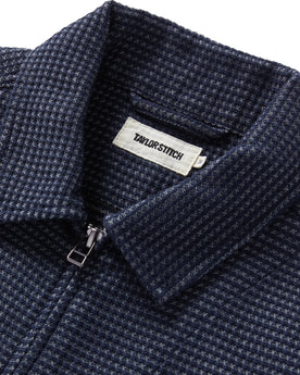 material shot of the collar on The Cavern Jacket in Navy Dobby Grid, Outerwear by Taylor Stitch