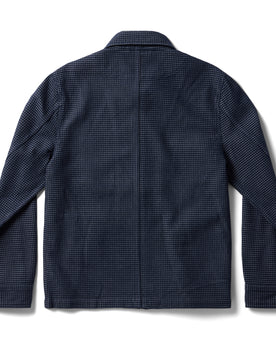 flatlay of The Cavern Jacket in Navy Dobby Grid, shown from back, Outerwear by Taylor Stitch