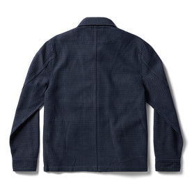 flatlay of The Cavern Jacket in Navy Dobby Grid, shown from back