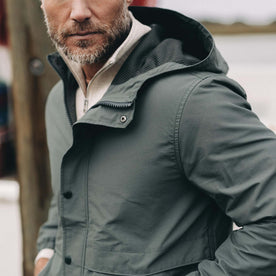 fit model showing off top of The Chapman Jacket in Sea Green Sixty Forty