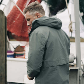 fit model showing off the back of The Chapman Jacket in Sea Green Sixty Forty