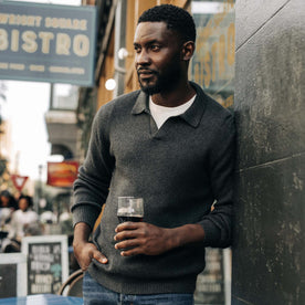 fit model in The Charleston Sweater in Heather Charcoal