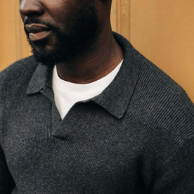 fit model showing the collar of The Charleston Sweater in Heather Charcoal