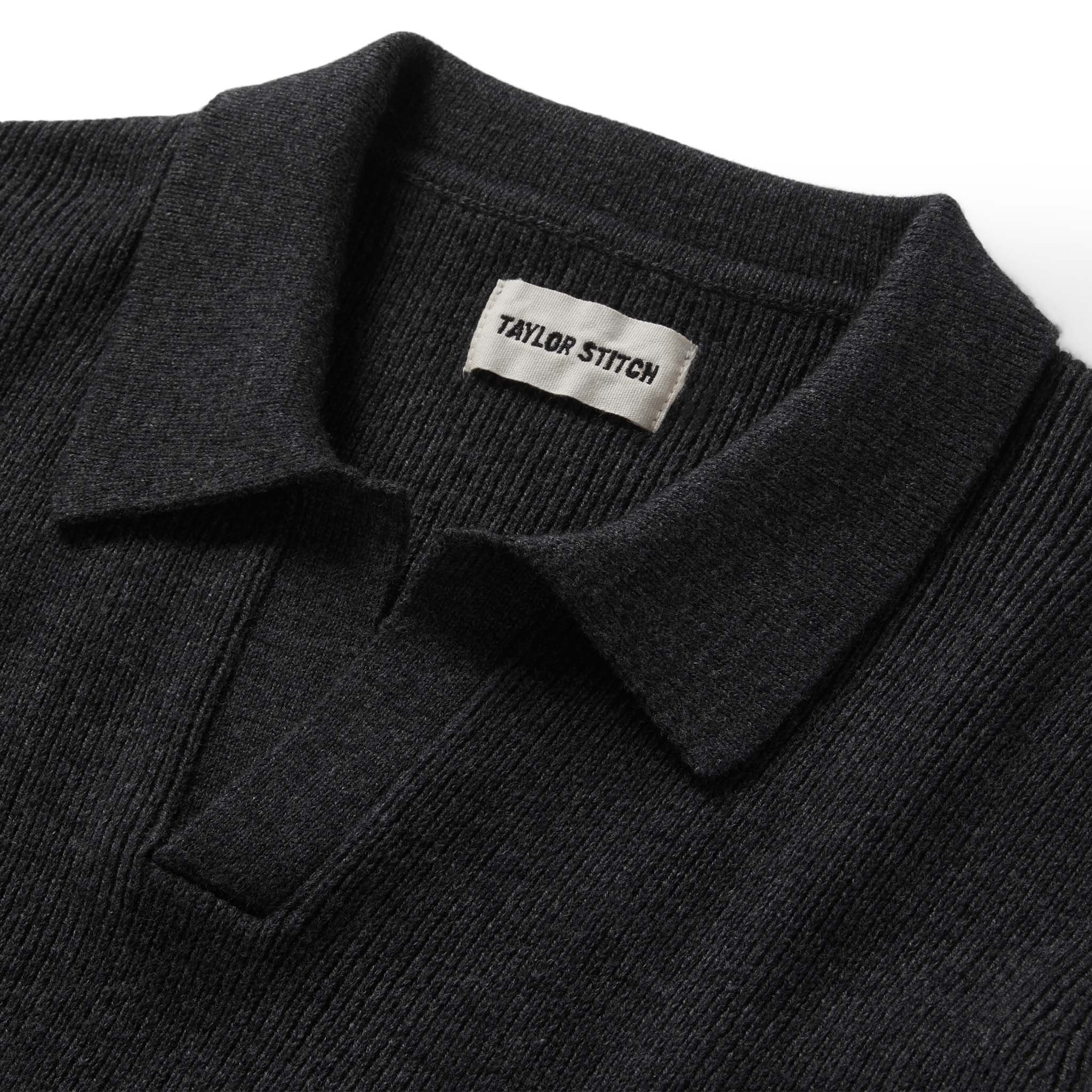 material shot of the collar on The Charleston Sweater in Heather Charcoal, Knits by Taylor Stitch