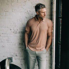 fit model in The Cotton Hemp Polo in Dried Acorn